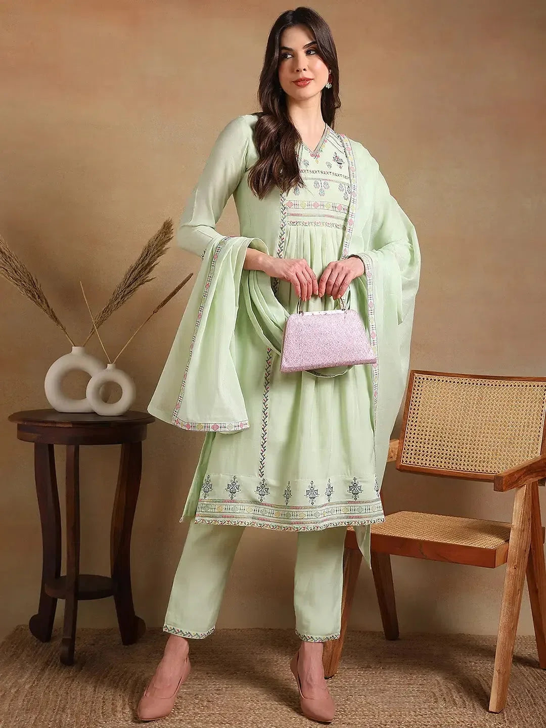 Green Embroidered A-Line Kurta Pant Set | Women's Kurta Sets