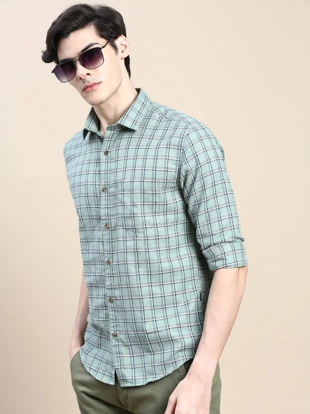 Green Checked Cotton Mens Shirt - DesiQlo Casual Style