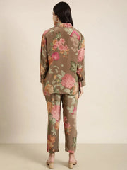 Women Oversized Green Printed Shirt & Trousers Set-DW-5088-Green