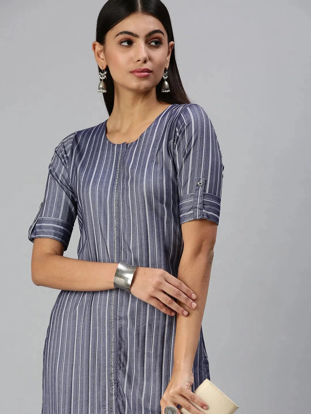 Navy Blue Striped Women's Kurta - Cotton Indian Kurtas