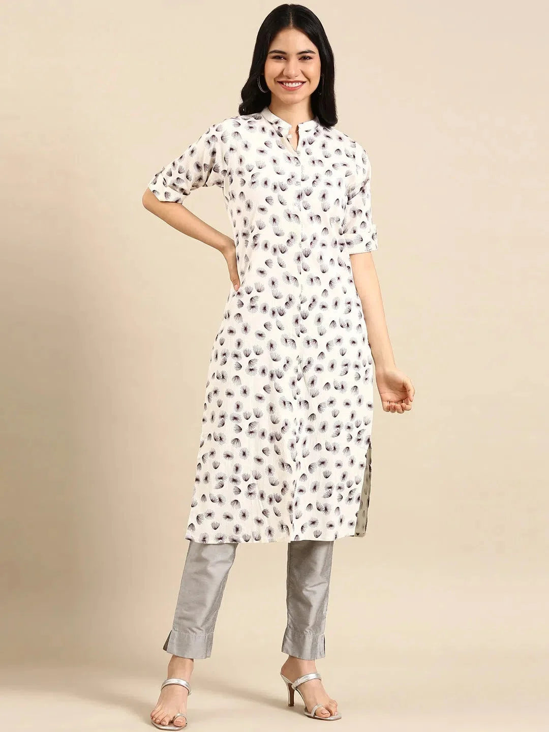 Beige Printed Indian Kurtis - Women's Straight Kurta Cotton