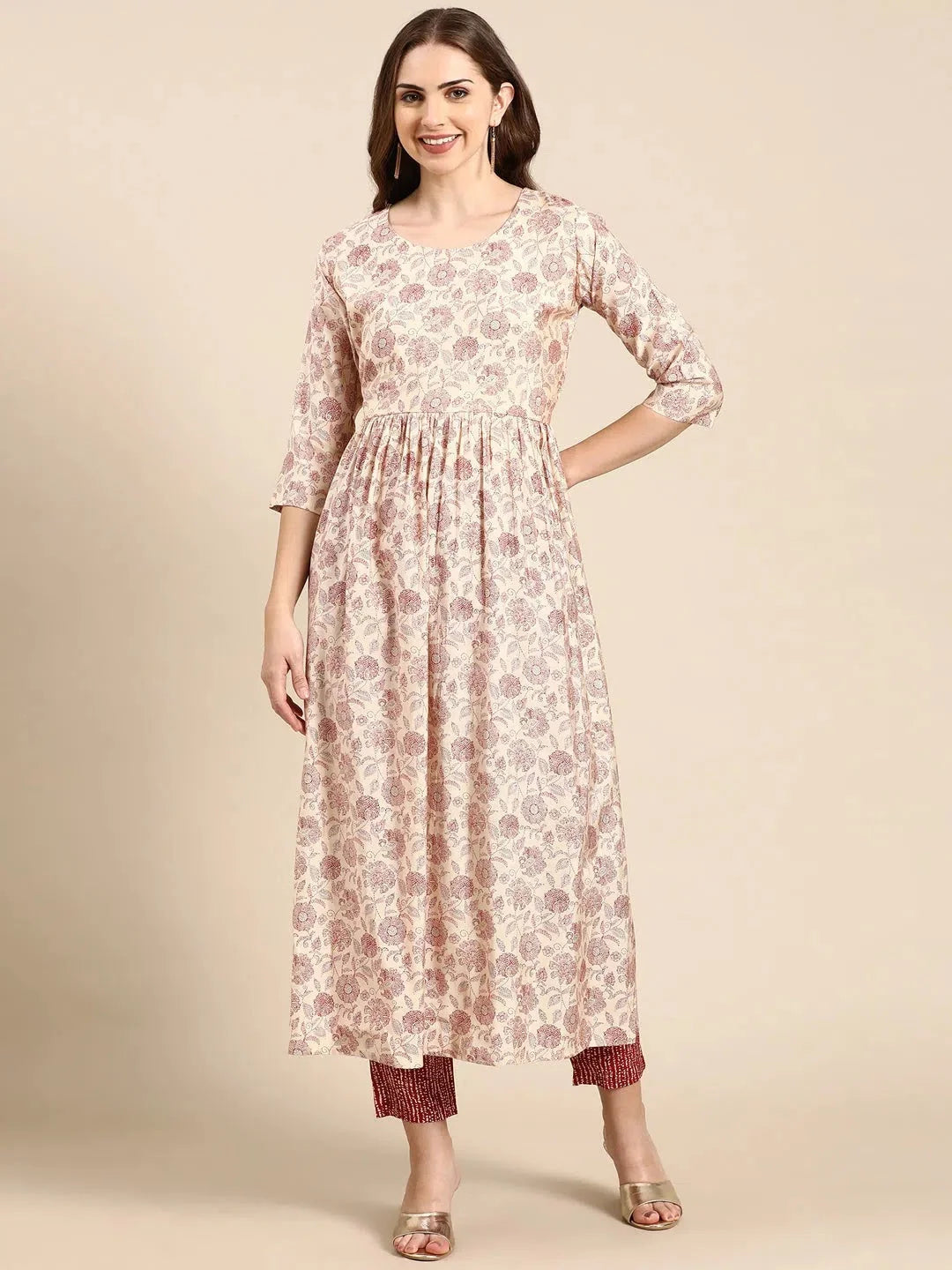 Cream Floral Women's Kurta Set | Designer Indian Kurta Sets