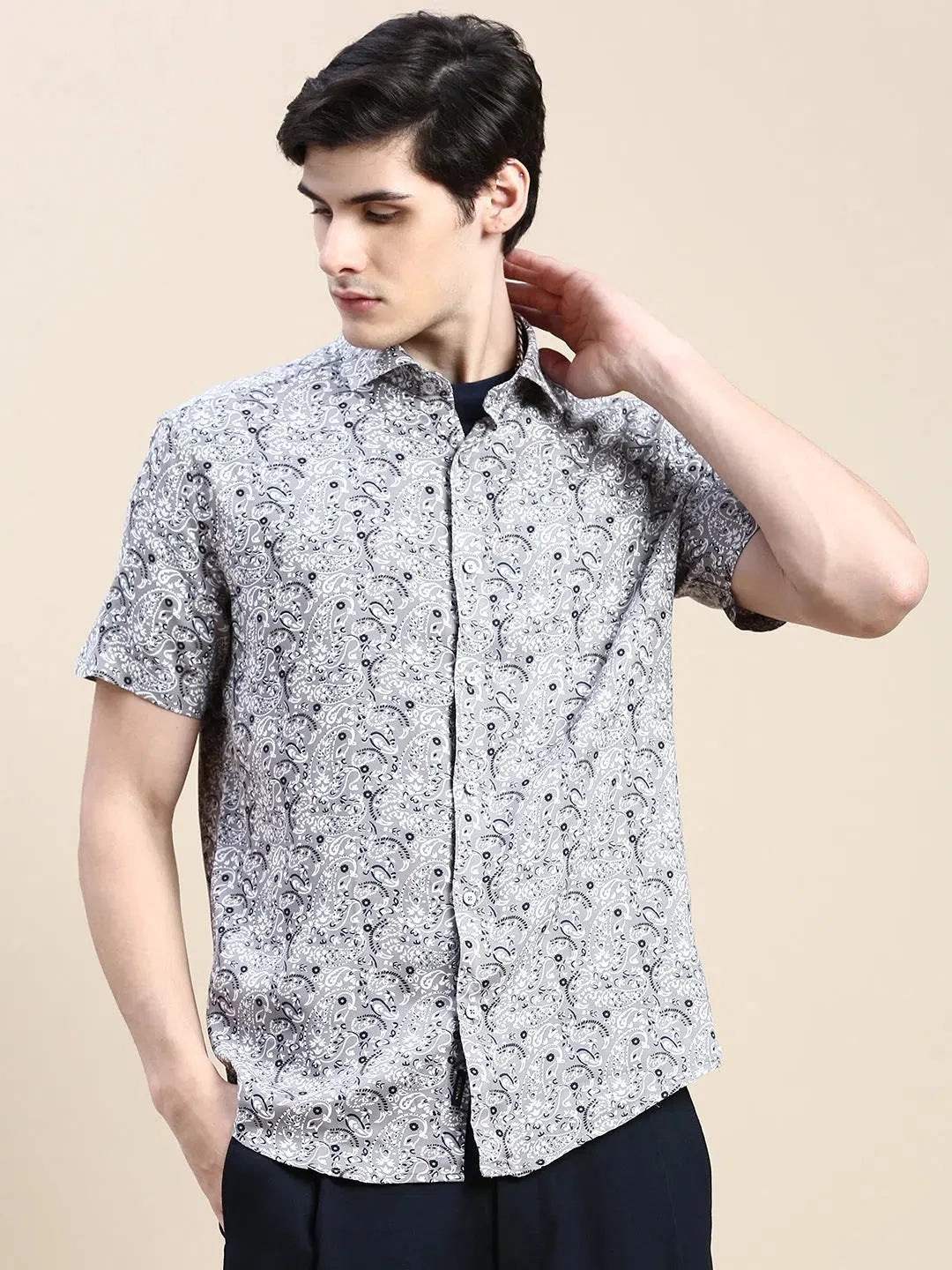 Men's Grey Ethnic Printed Cotton Shirt - Casual Mens Shirt