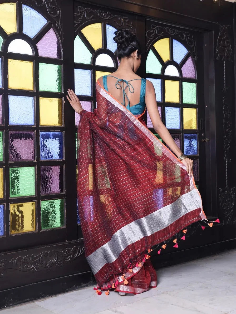 Maroon Linen Check Saree with Zari - Designer Sarees India