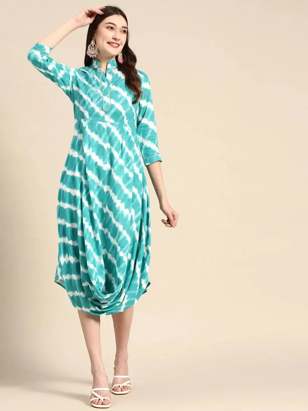 Aqua Blue Front Cowl Midi Dress | Women's Western Wear Online