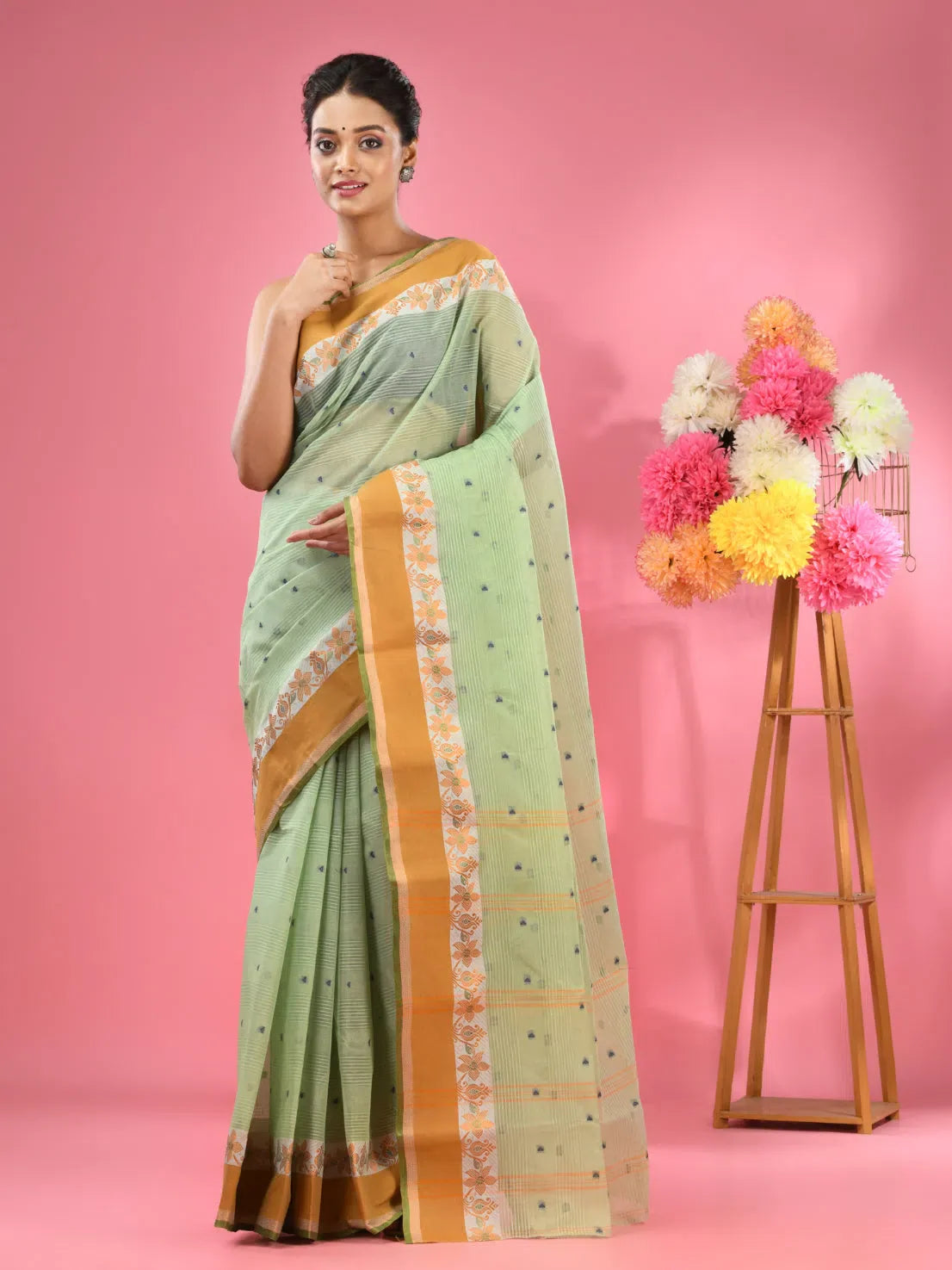Pistachio Green Pure Cotton Tant Saree With Woven Designs-MA51TT43480082