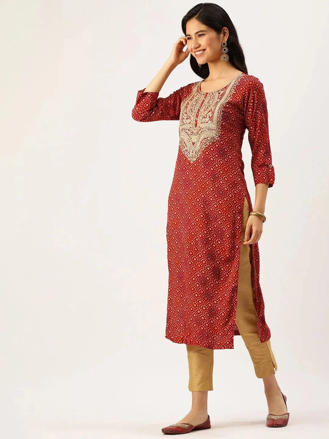 Red Printed Cotton Indian Kurta for Women - DesiQlo