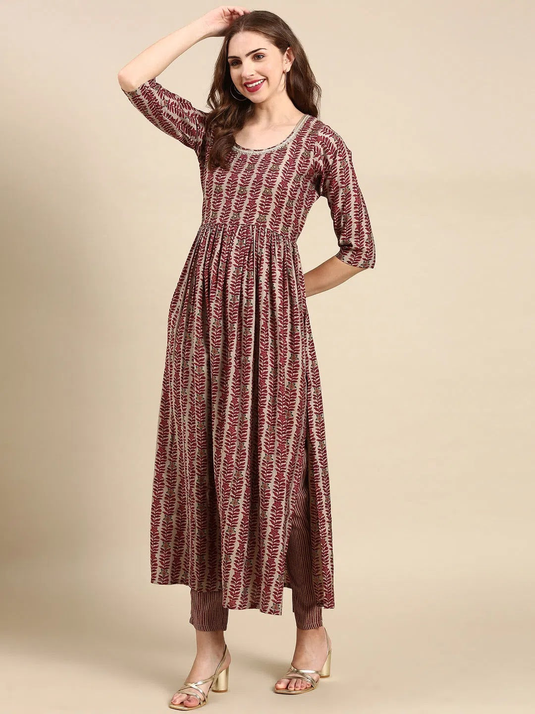Women's Maroon Printed Kurta Set | Indian Kurta Sets