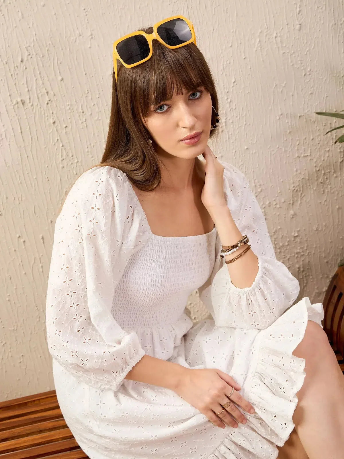 White Cotton Schiffli Smocked Short Dress | Women's Ethnic Wear