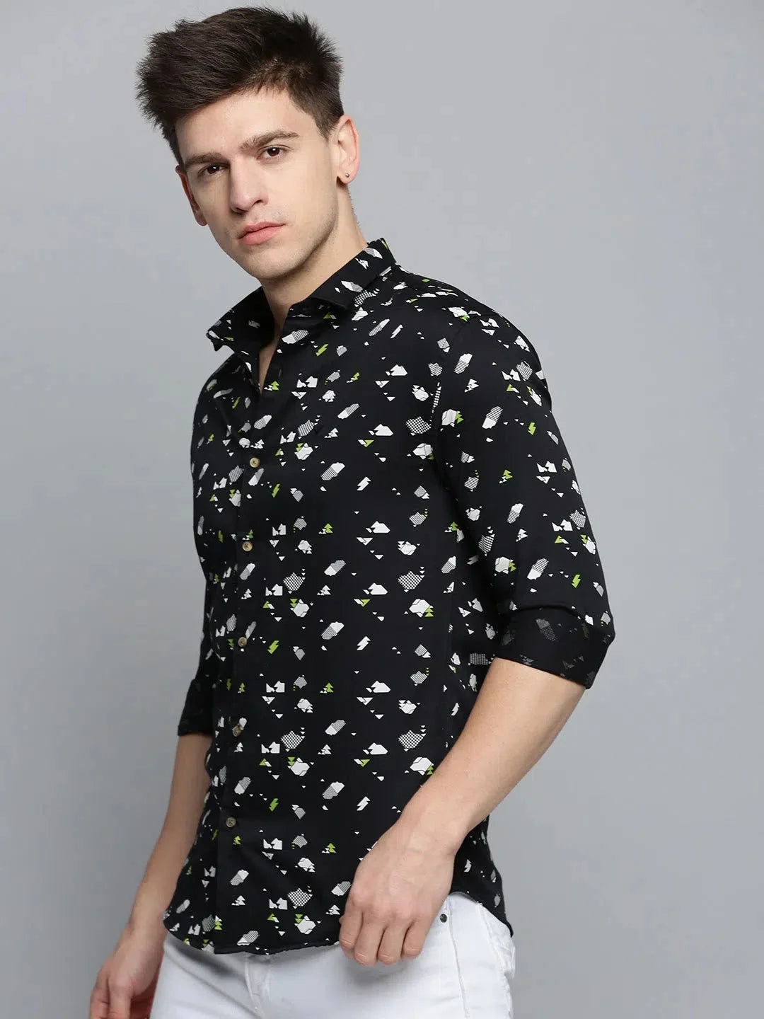 Black Printed Mens Shirt - Modern Cotton Casual Shirt