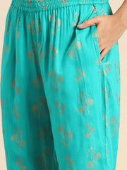 Kurta Pyajama with gota work in Mint Blue Print
