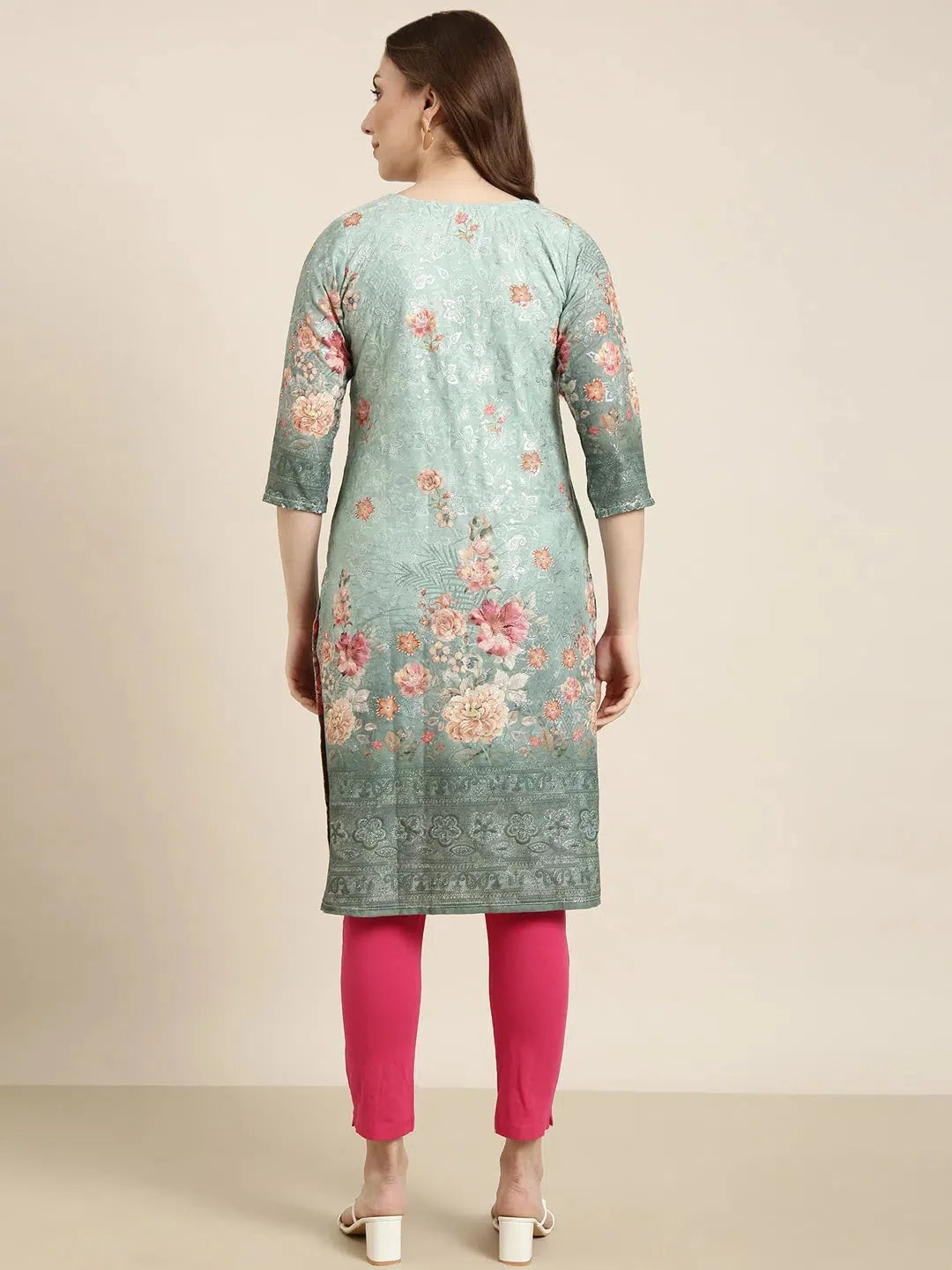 Green Floral Cotton Kurta - Indian Kurtas for Women Online