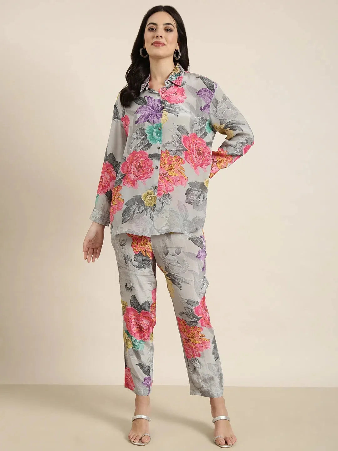 Grey Printed Shirt & Trousers Set | Trendy Women's Kurta Sets