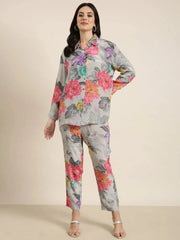 Women Oversized Grey Printed Shirt & Trousers Set-DW-5091-Grey
