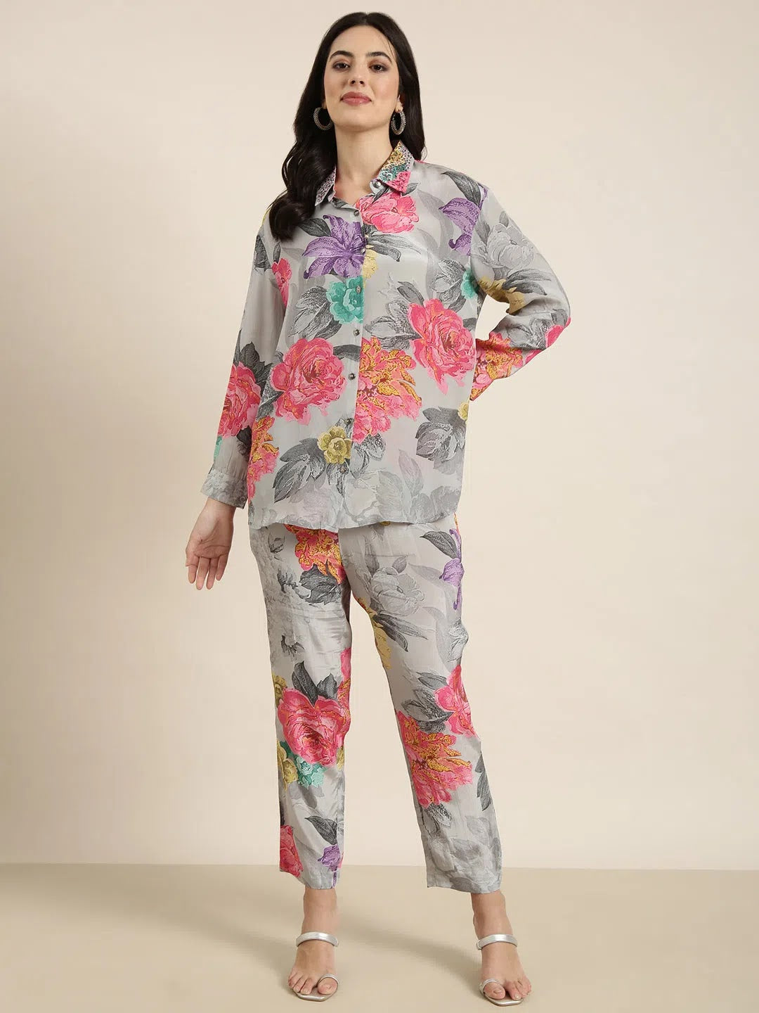 Grey Printed Shirt & Trousers Set | Trendy Women's Kurta Sets