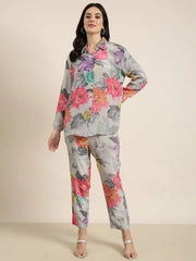 Women Oversized Grey Printed Shirt & Trousers Set-DW-5091-Grey
