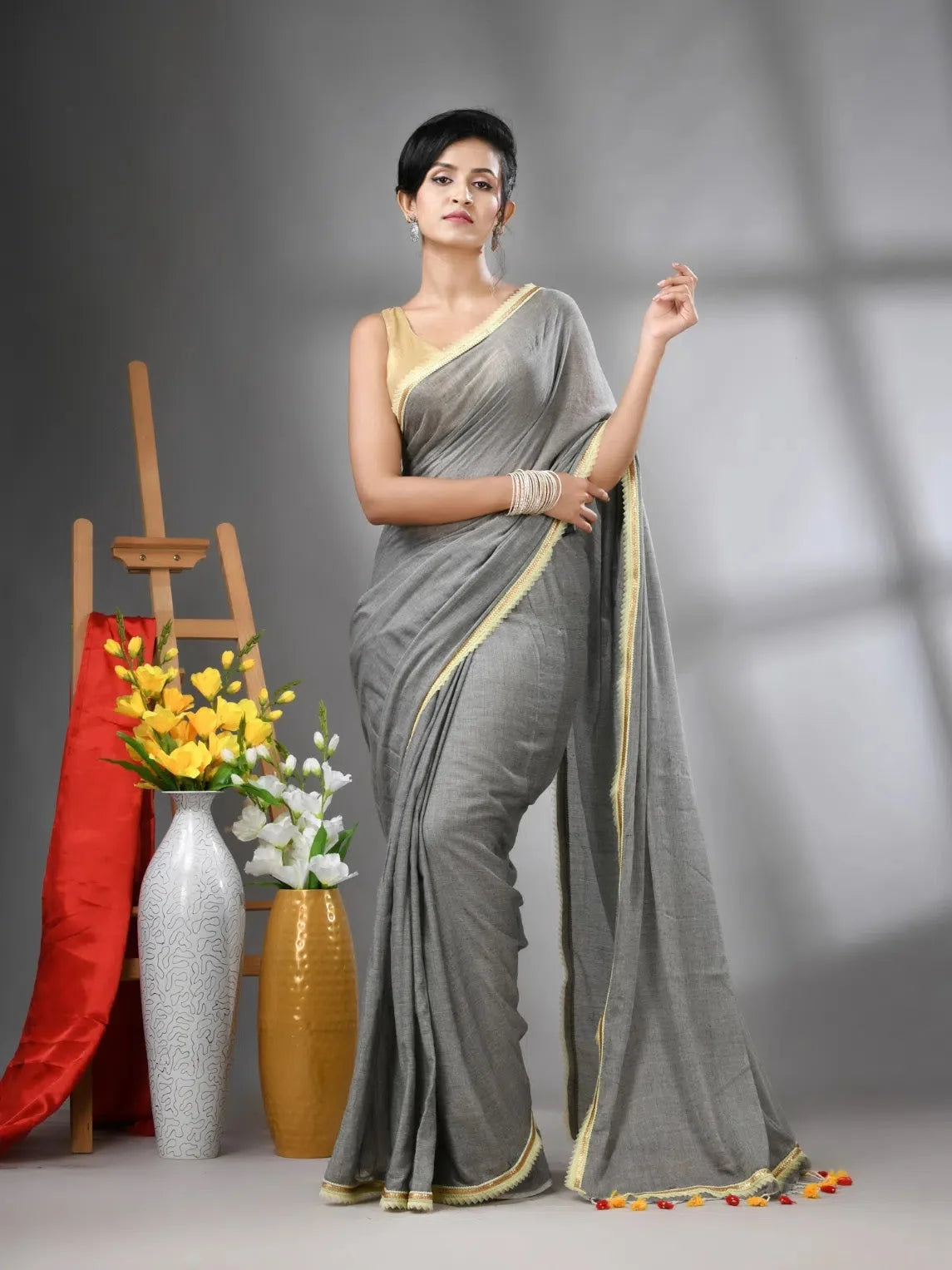 Grey Cotton Saree with Gota Patti - Designer Sarees India