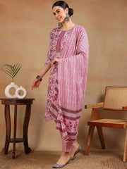 Women Pink Cotton Blend Printed Straight Kurta Pant Set-VKSKD2168A