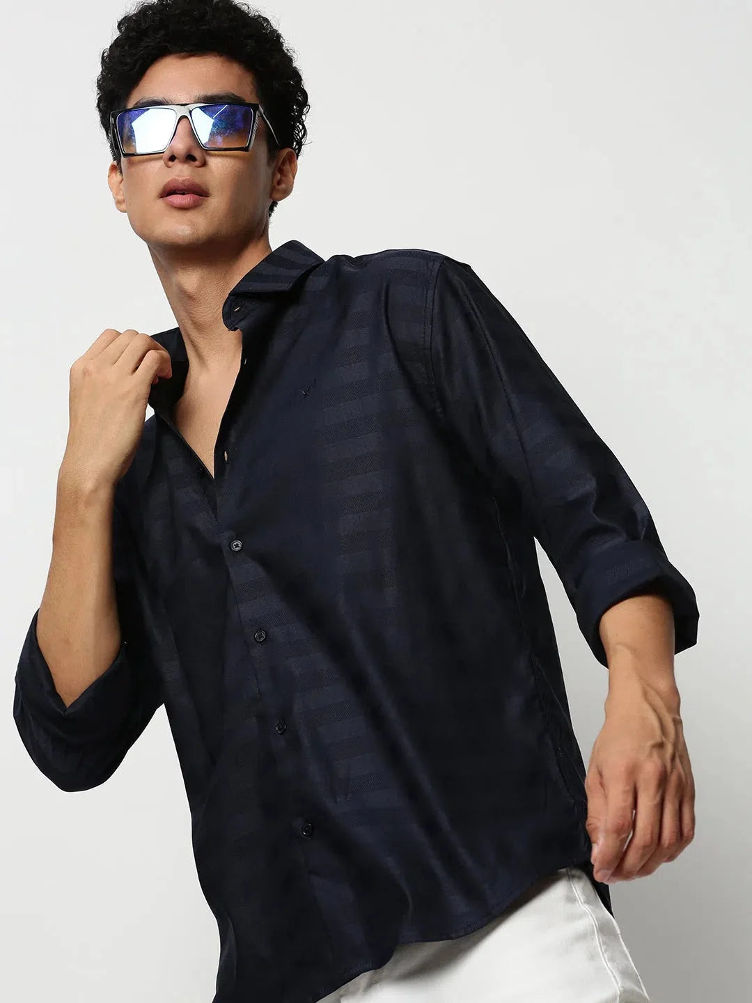 Men Navy Striped Casual Casual Shirts-GLANZAPLAIN-5321-Navyblue