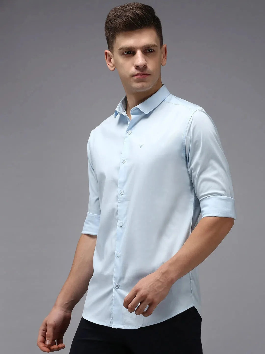 Men's Blue Cotton Shirt - Solid Color Casual Style