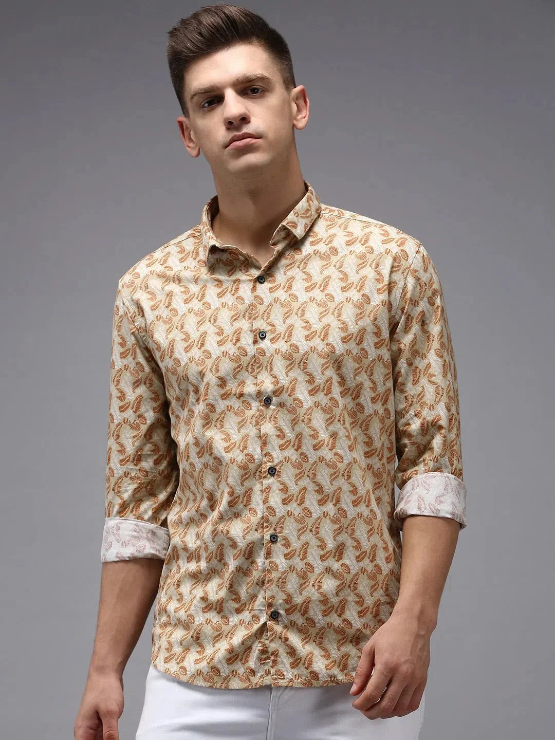 Beige Printed Mens Shirt - Cotton Casual Shirt from DesiQlo