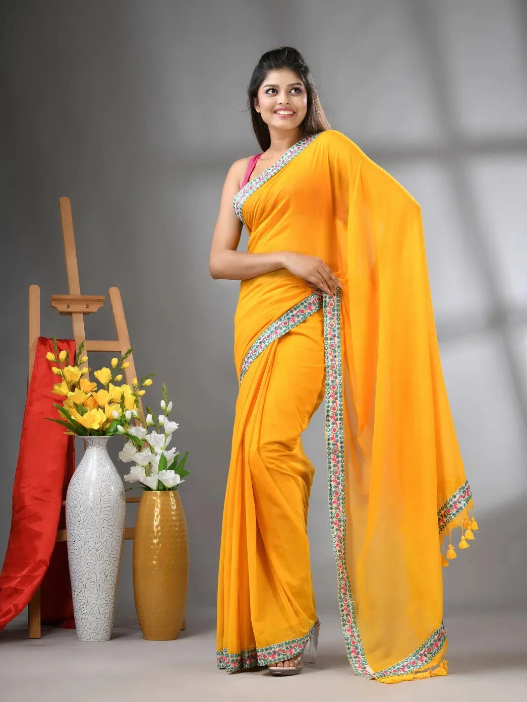 Yellow Cotton Saree with Embroidery | Indian Sari Collection