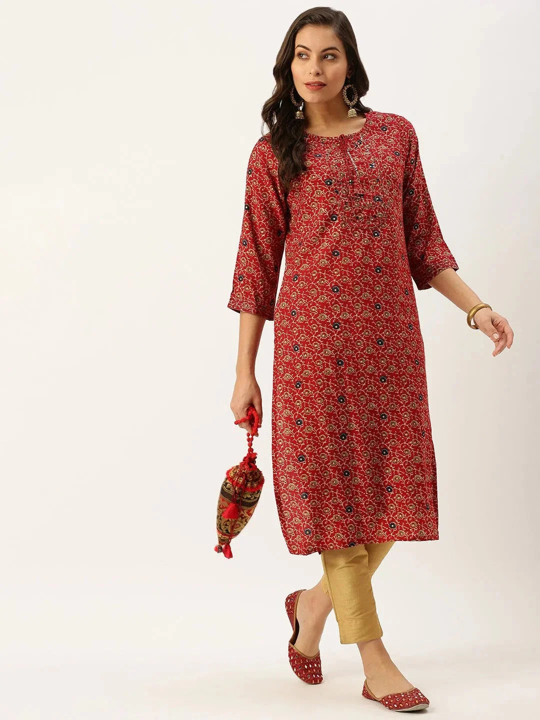 Red Printed Straight Indian Kurta for Women - Cotton Fabric