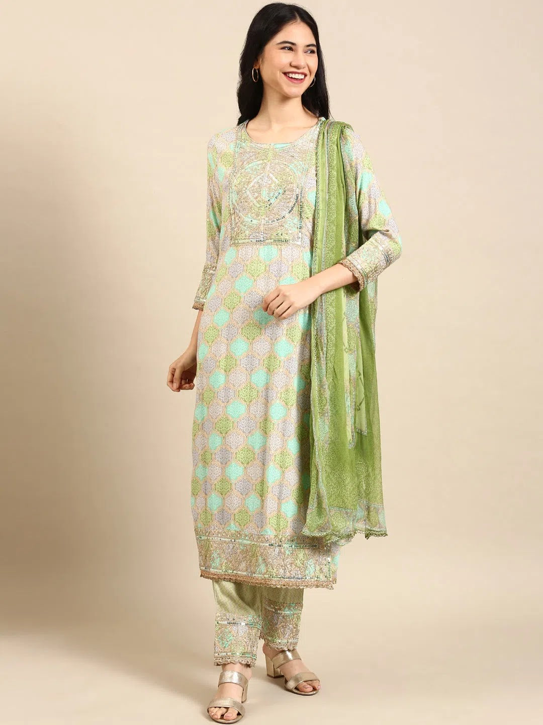 Green Colourblock Cotton Kurta Set | Designer Kurta Sets