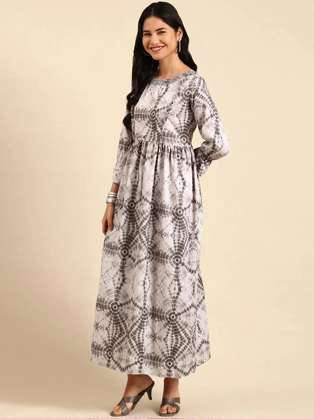 Olive Printed Polyester Anarkali Kurta | Women's Anarkali Gown