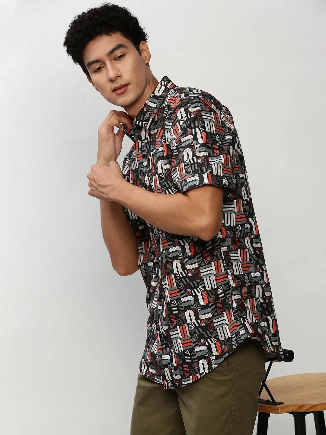 Black Printed Mens Shirt - Abstract Cotton Casual Shirt