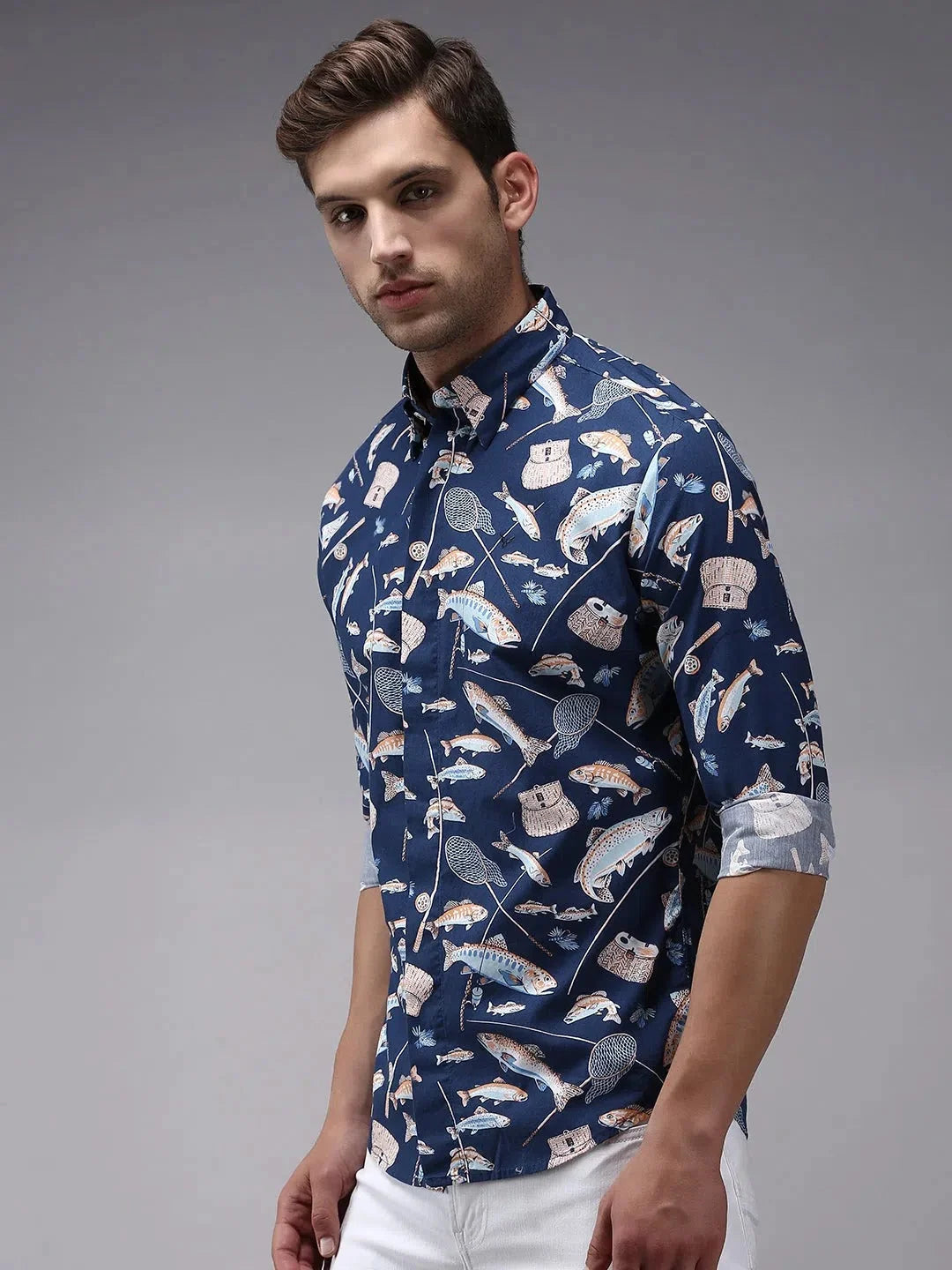 Blue Printed Mens Shirt - Cotton Casual Shirt by DesiQlo
