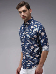 Men Blue Printed Casual Shirt-PERRYPRINT-1852-Navyblue