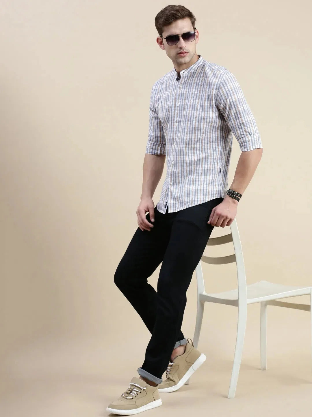 Cream Checked Mens Shirt | Cotton Casual & Formal Shirts
