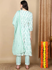 Women White Viscose rayon Embroidered Anarkali Kurta Pant Set