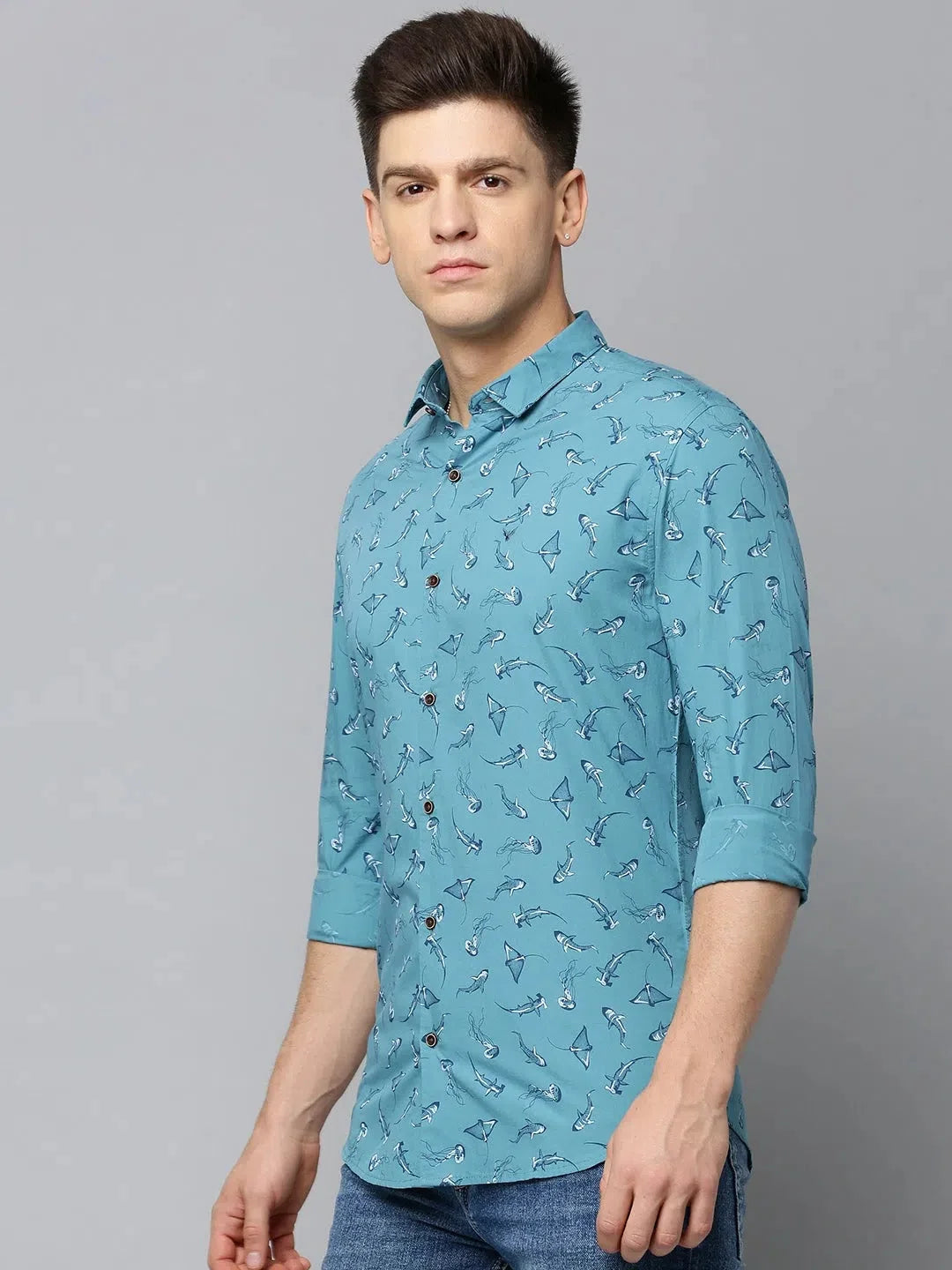 Blue Printed Cotton Shirt for Men - Casual Mens Shirt Style