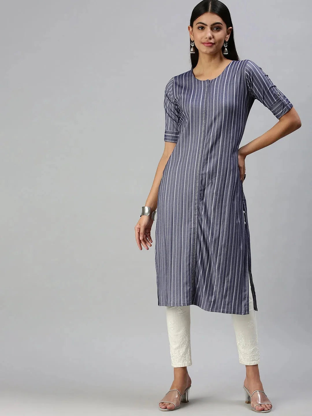 Navy Blue Striped Women's Kurta - Cotton Indian Kurtas