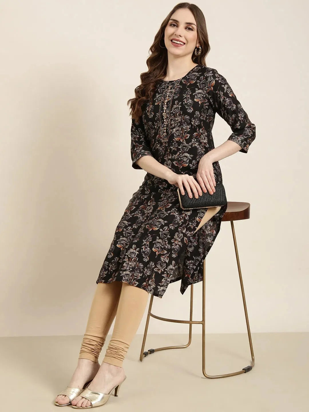 Black Floral Print Cotton Kurta | Women's Indian Kurtis Online