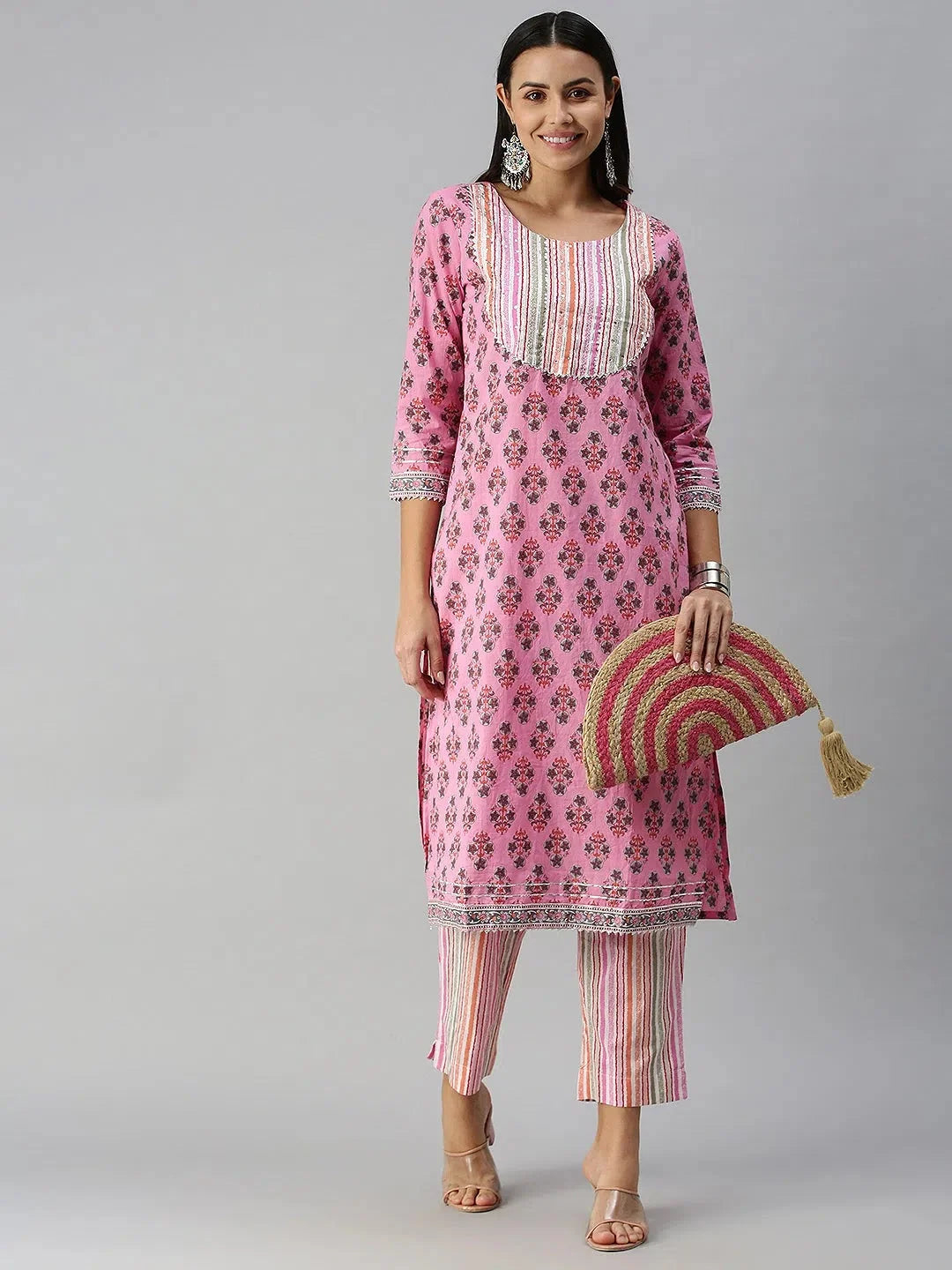 Pink Striped Cotton Indian Kurta Sets for Women | Showoff