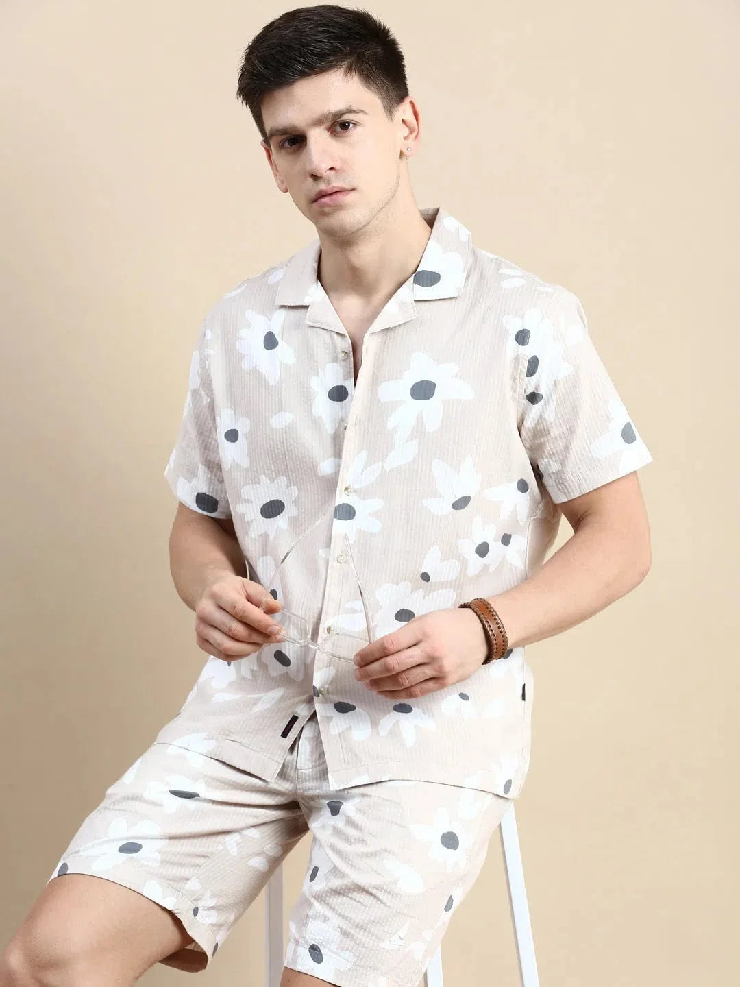 Mens Beige Printed Casual Co ord Set - Cotton Two Piece Sets