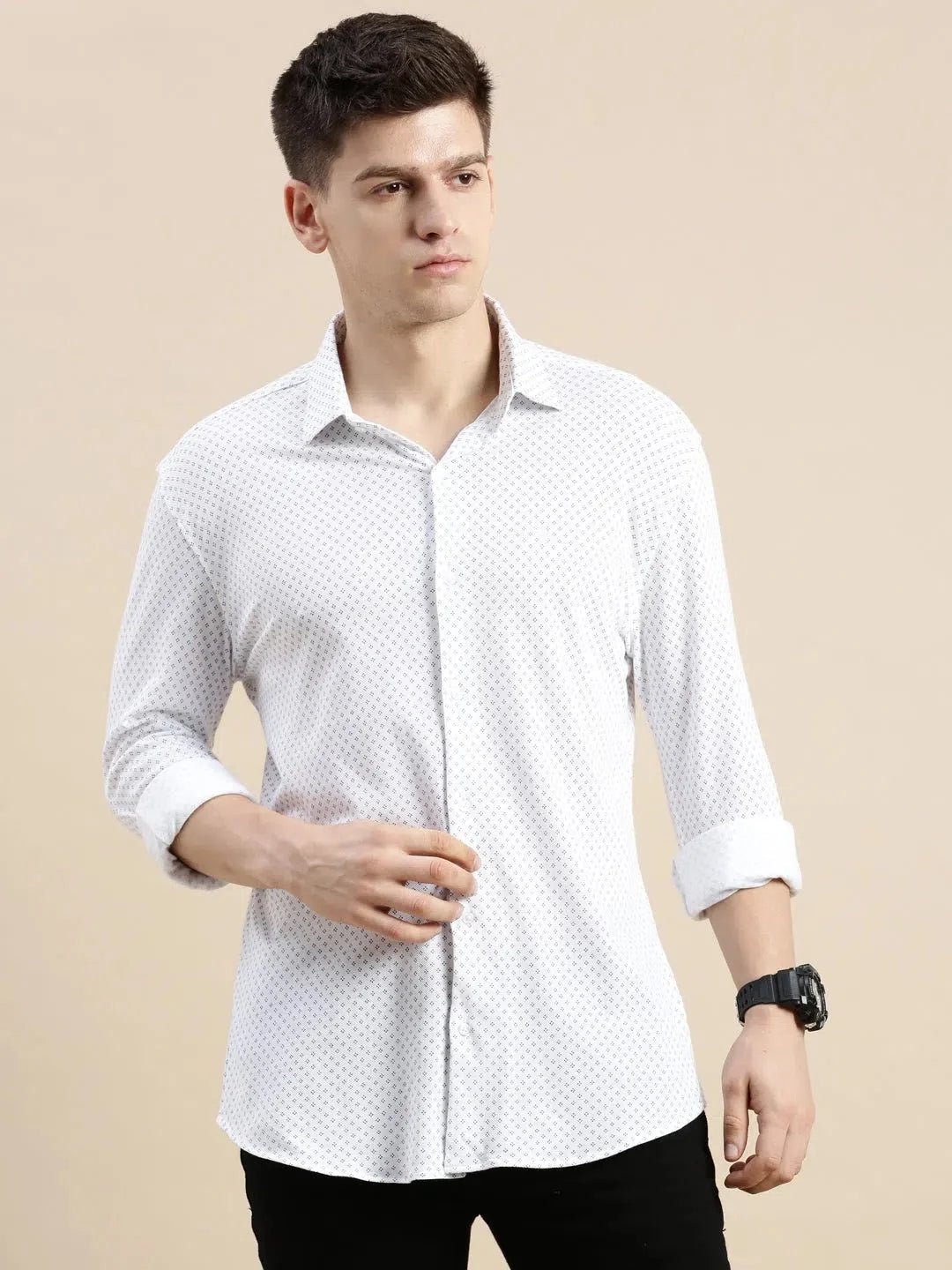 White Geometric Cotton Mens Shirt - Modern Casual Style