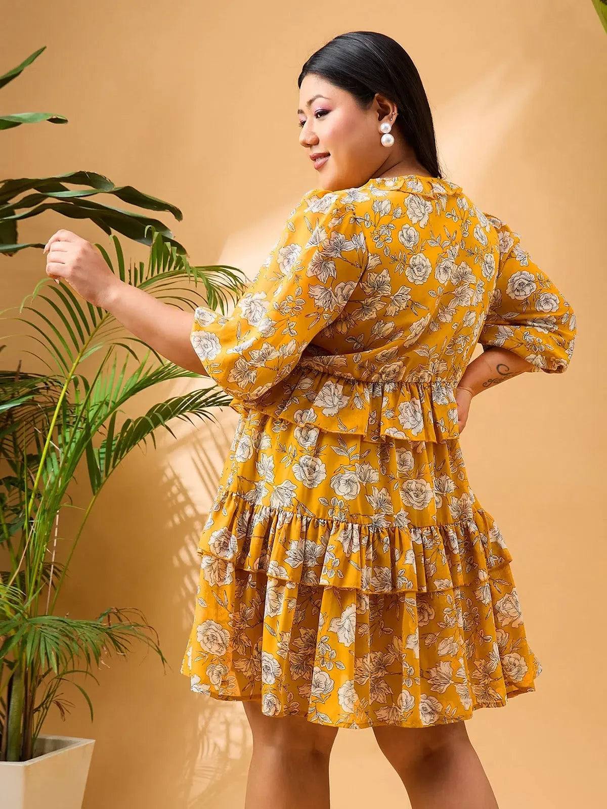 Yellow Floral Frill Short Dress | Women's Printed Polyester Dress