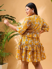 Women Yellow Floral Printed Frill Short Dress