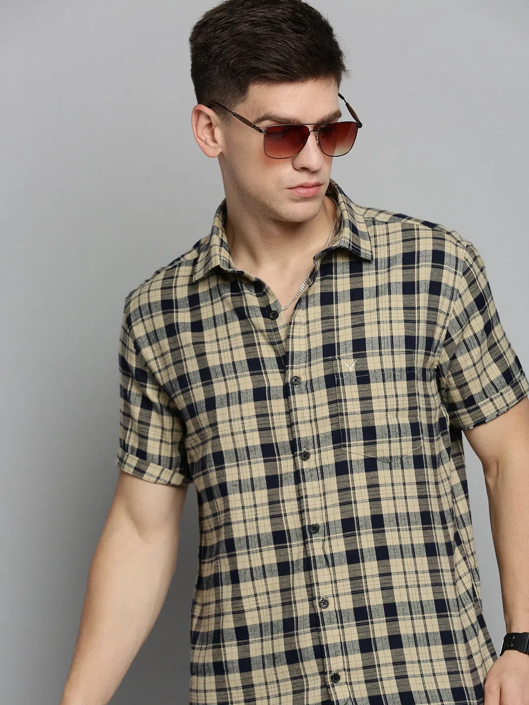 Men Beige Checked Casual Shirt-MAYACHECKS-4401-Beige
