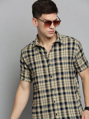 Men Beige Checked Casual Shirt-MAYACHECKS-4401-Beige