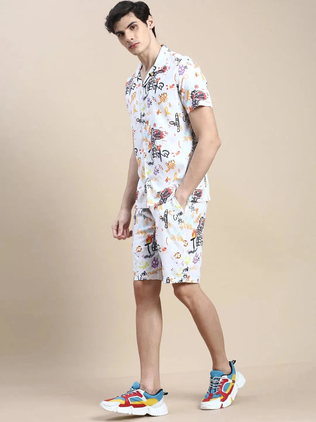 White Printed Co ord Sets Men - Casual Two Piece Sets Cotton