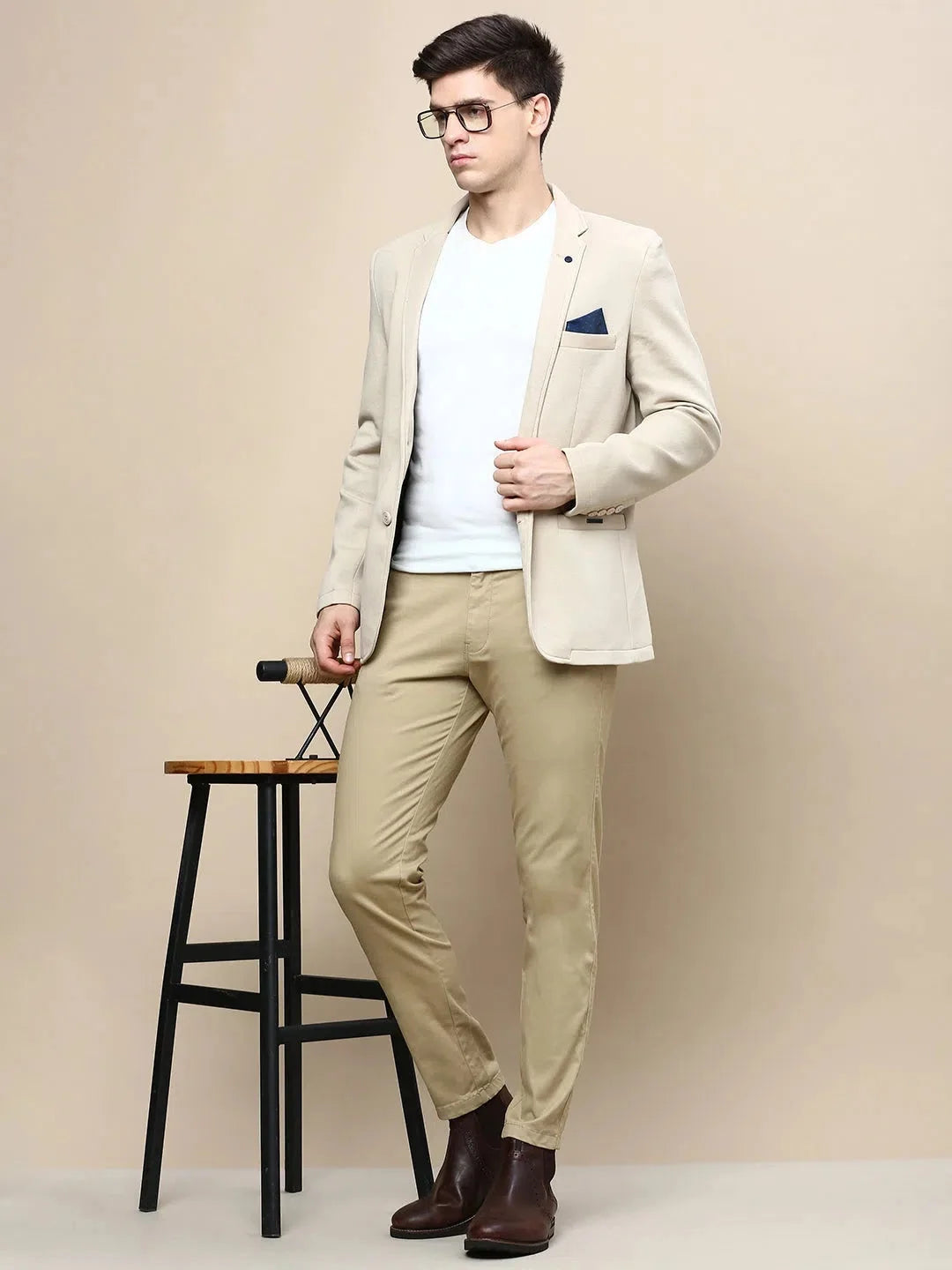 Beige Cotton Men's Ethnic Wear: Solid Nehru Jacket Blazer