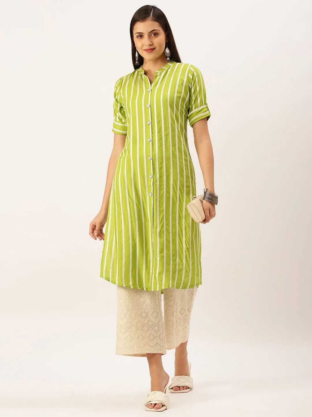 Green Striped Cotton Kurta | Women's Indian Kurta by DesiQlo