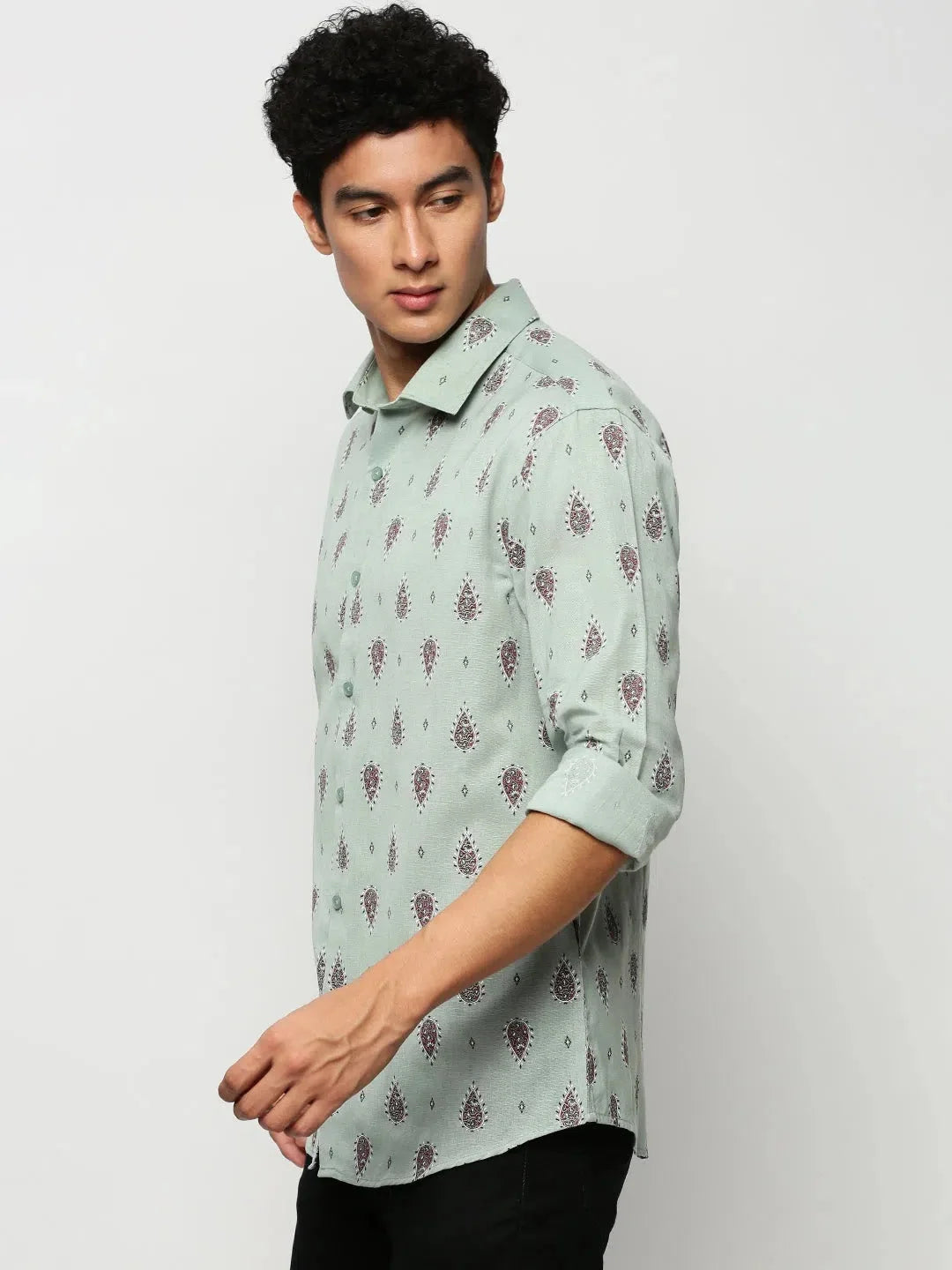 Green Ethnic Printed Mens Shirt - Cotton Casual | DesiQlo