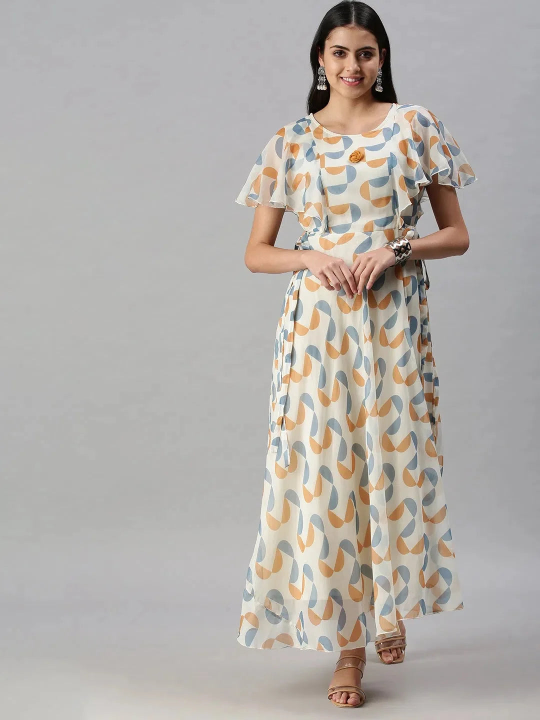 Cream Printed Anarkali Kurta for Women | Nylon Anarkali Gown