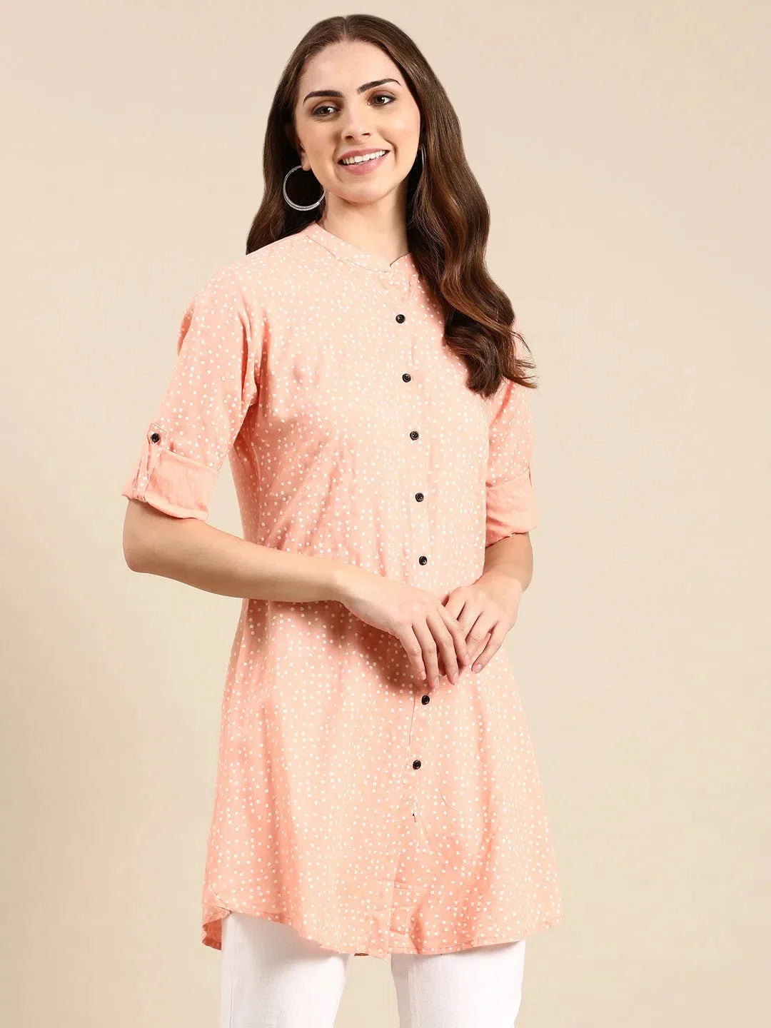 Peach Printed A-Line Kurti - Women's Indian Kurta Tunic Top